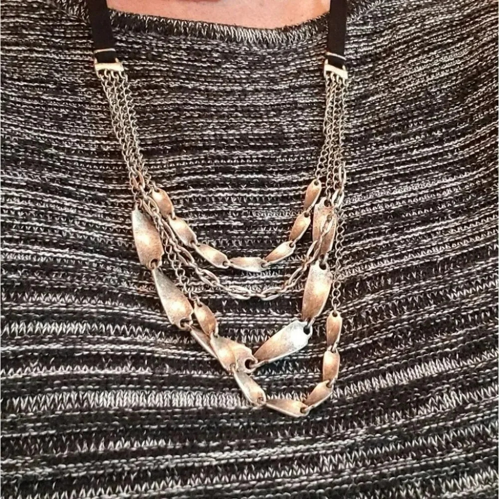 Elegant Triple-Layer Silver‎ Chain Necklace Black Ribbon Strap Statement Jewelry